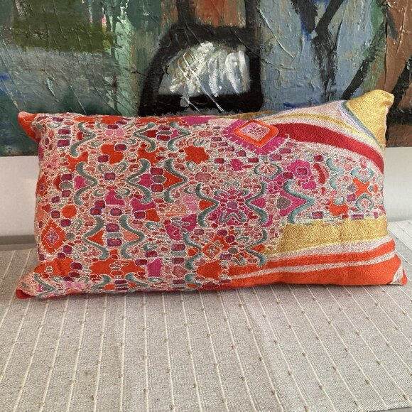 Natori  Lumbar Throw Pillow Boho Embroidered Feather Insert 12" X 20" Oblong - Picture 1 of 13